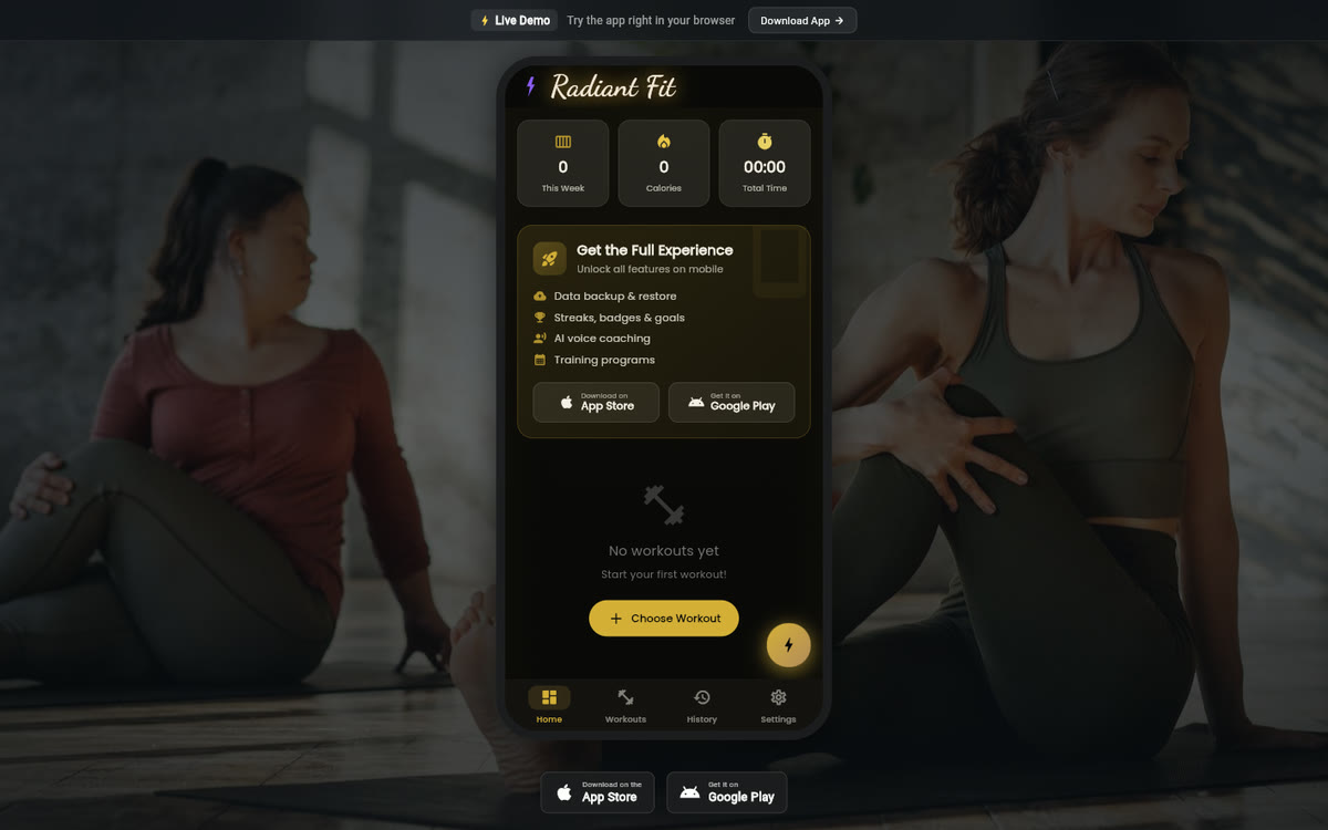 The Radiant Fit web app in a phone frame, showing weekly stats, training features and App Store and Google Play buttons.