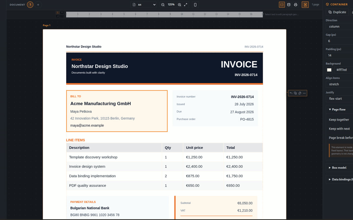 An invoice for Northstar Design Studio being edited in Shablonix: bill-to details, invoice dates and line items with euro amounts.
